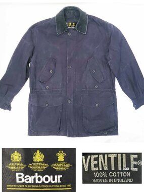 90s Barbour Ventile Men's Endurance Blue Vintage Unpadded Jacket Parka Hood L